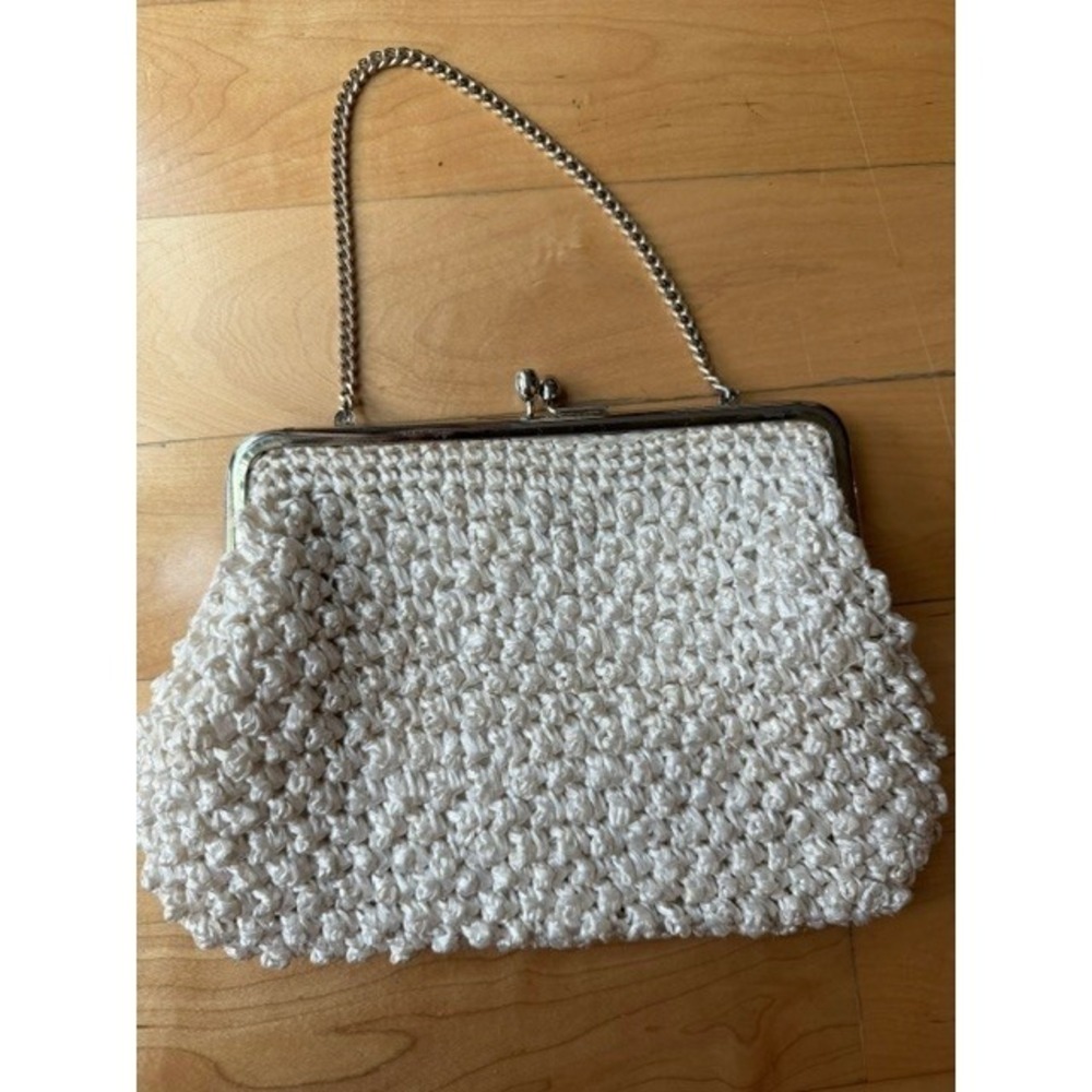 Vintage Bara Crochet Handbag Made in Japan Cream Kiss Lock Evening Bag WIRL 8046